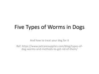 Five Types of Worms in Dogs
And how to treat your dog for it
Ref: https://www.petcaresupplies.com/blog/types-of-
dog-worms-and-methods-to-get-rid-of-them/
 