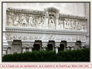 Le lion de Juda (emblème de la tribu de
Joseph) monte la garde devant l’entrée
de la crypte.
Détail de la façade : dans le triangle du
fronton sont représentés les vœux
exaucés par la Vierge,
en dessous les 8 anges cariatides
 