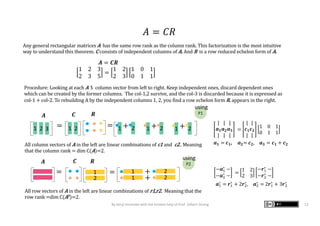𝐴 = 𝐶𝑅
Procedure:	Looking	at	each	A	‘s		column	vector	from	left	to	right.	Keep	independent	ones,	discard	dependent	ones	
which	can	be	created	by	the	former	columns. The	col-1,2	survive,	and	the	col-3	is	discarded	because	it	is	expressed	as	
col-1	+	col-2. To	rebuilding	A	by	the	independent	columns	1,	2,	you	find	a	row	echelon	form	R.	appears	in	the	right.
Any	general	rectangular	matrices	A has	the	same	row	rank	as	the	column	rank.	This	factorization	is	the	most	intuitive	
way	to	understand	this	theorem.	C consists	of	independent	columns	of	A.	And	R is	a	row	reduced	echelon	form	of	A.
2 =
1 2 3
2 3 5
=
1 2
2 3
1 0 1
0 1 1
1
|
𝒂 𝟏
|
|
𝒂 𝟐
|
|
𝒂 𝟑
|
=
|
𝒄 𝟏
|
|
𝒄 𝟐
|
1 0 1
0 1 1
𝒂 𝟏 = 𝒄 𝟏,	 𝒂 𝟐= 𝒄 𝟐, 𝒂 𝟑 = 𝒄 𝟏 + 𝒄 𝟐
−𝒂"
∗
−
−𝒂#
∗
−
=
1 2
2 3
−𝒓"
∗
−
−𝒓#
∗
−
𝒂"
∗
= 𝒓"
∗
+ 2𝒓#
∗
, 𝒂#
∗
= 2𝒓"
∗
+ 3𝒓#
∗
213 = 1 + 2 1 + 2 1 + 2
All	column	vectors	of	A	in	the	left	are	linear	combinations	of	c1 and		c2..	Meaning	
that	the	column	rank	=	dim	C(A)=2.
= +1
2
1 2
1 2+
=
All	row	vectors	of	A	in	the	left	are	linear	combinations	of	r1,r2.		Meaning	that	the	
row	rank	=dim	C(AT)=2.
𝑨 = 𝑪𝑹
P1
P2
using
using
By Kenji Hiranabe with the kindest help of Prof. Gilbert Strang 13
𝑨 𝑪 𝑹
𝑨 𝑪 𝑹
 