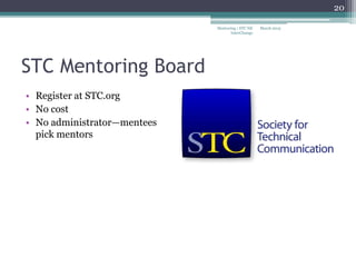 STC Mentoring Board
• Register at STC.org
• No cost
• No administrator—mentees
pick mentors
March 2015
20
Mentoring | STC NE
InterChange
 