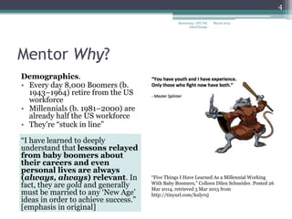 Mentor Why?
Demographics.
• Every day 8,000 Boomers (b.
1943–1964) retire from the US
workforce
• Millennials (b. 1981–2000) are
already half the US workforce
• They’re “stuck in line”
“I have learned to deeply
understand that lessons relayed
from baby boomers about
their careers and even
personal lives are always
(always, always) relevant. In
fact, they are gold and generally
must be married to any ‘New Age’
ideas in order to achieve success.”
[emphasis in original]
March 2015
4
Mentoring | STC NE
InterChange
“Five Things I Have Learned As a Millennial Working
With Baby Boomers,” Colleen Dilen Schneider. Posted 26
Mar 2014, retrieved 5 Mar 2015 from
http://tinyurl.com/kulyrxj
 