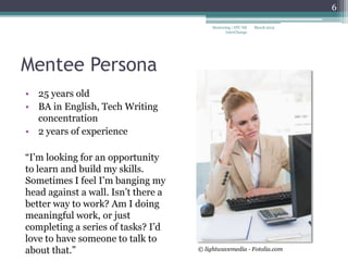 Mentee Persona
• 25 years old
• BA in English, Tech Writing
concentration
• 2 years of experience
“I’m looking for an opportunity
to learn and build my skills.
Sometimes I feel I’m banging my
head against a wall. Isn’t there a
better way to work? Am I doing
meaningful work, or just
completing a series of tasks? I’d
love to have someone to talk to
about that.”
March 2015
6
Mentoring | STC NE
InterChange
© lightwavemedia - Fotolia.com
 