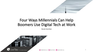 info@livetiles.nyc										@LiveTilesUI www.livetiles.nyc
Four	Ways	Millennials	Can	Help	
Boomers	Use	Digital	Tech	at	Work
Nicole	Hamilton
info@livetiles.nyc										@LiveTilesUI www.livetiles.nyc 1
 