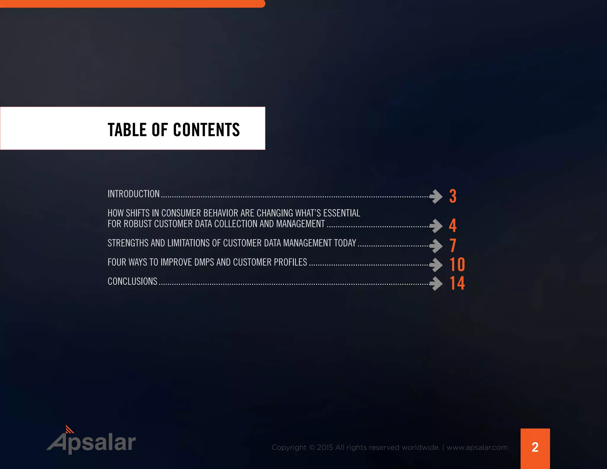 TABLE OF CONTENTS
INTRODUCTION.............................................................................................................................
HOW SHIFTS IN CONSUMER BEHAVIOR ARE CHANGING WHAT’S ESSENTIAL
FOR ROBUST CUSTOMER DATA COLLECTION AND MANAGEMENT..................................................
STRENGTHS AND LIMITATIONS OF CUSTOMER DATA MANAGEMENT TODAY....................................
FOUR WAYS TO IMPROVE DMPS AND CUSTOMER PROFILES..........................................................
CONCLUSIONS..............................................................................................................................
3
4
7
10
14
2Copyright © 2015 All rights reserved worldwide. | www.apsalar.com
 