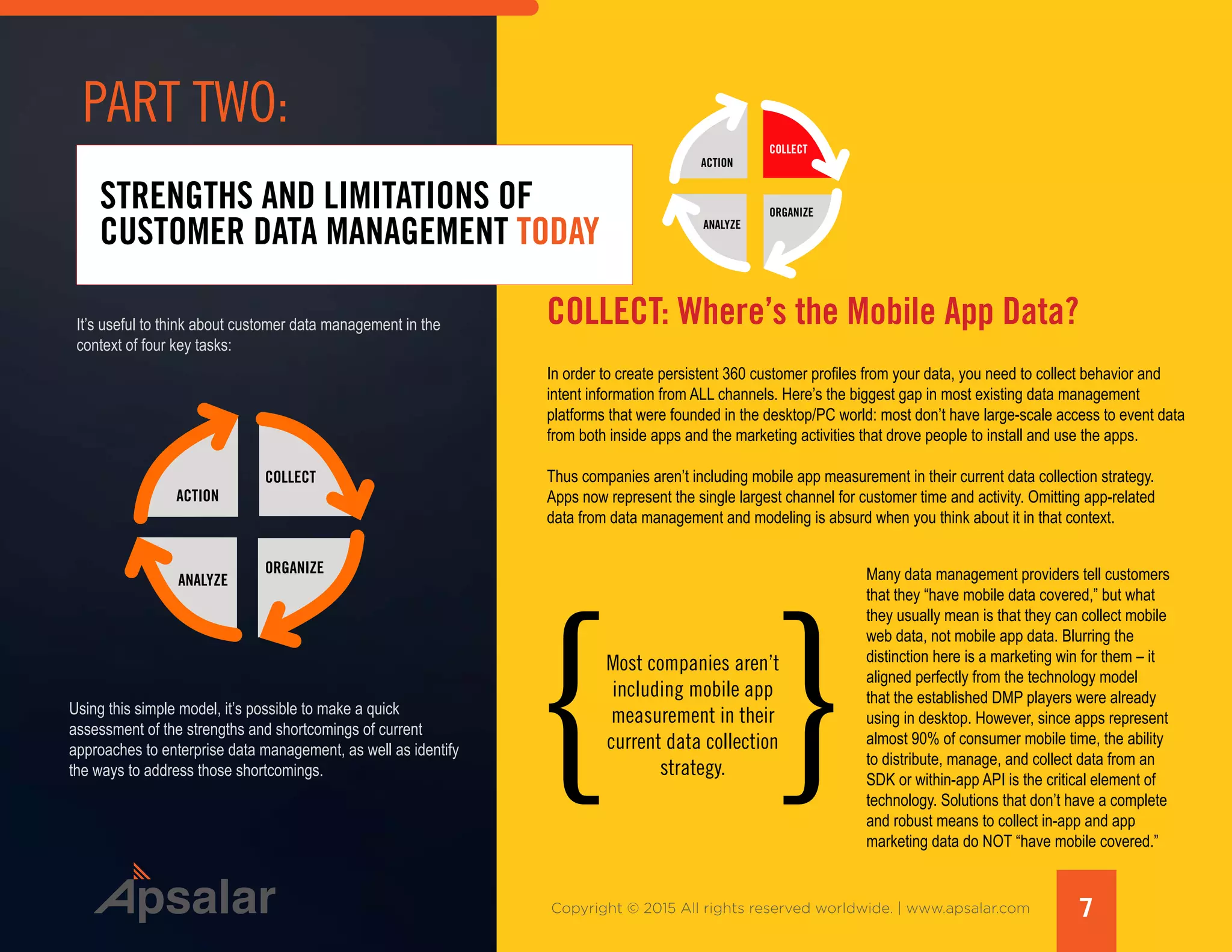7Copyright © 2015 All rights reserved worldwide. | www.apsalar.com
It’s useful to think about customer data management in the
context of four key tasks:
STRENGTHS AND LIMITATIONS OF
CUSTOMER DATA MANAGEMENT TODAY
ACTION
ANALYZE
ORGANIZE
COLLECT
ACTION
ANALYZE
ORGANIZE
COLLECT
COLLECT: Where’s the Mobile App Data?
In order to create persistent 360 customer profiles from your data, you need to collect behavior and
intent information from ALL channels. Here’s the biggest gap in most existing data management
platforms that were founded in the desktop/PC world: most don’t have large-scale access to event data
from both inside apps and the marketing activities that drove people to install and use the apps.
Thus companies aren’t including mobile app measurement in their current data collection strategy.
Apps now represent the single largest channel for customer time and activity. Omitting app-related
data from data management and modeling is absurd when you think about it in that context.
Using this simple model, it’s possible to make a quick
assessment of the strengths and shortcomings of current
approaches to enterprise data management, as well as identify
the ways to address those shortcomings.
Many data management providers tell customers
that they “have mobile data covered,” but what
they usually mean is that they can collect mobile
web data, not mobile app data. Blurring the
distinction here is a marketing win for them – it
aligned perfectly from the technology model
that the established DMP players were already
using in desktop. However, since apps represent
almost 90% of consumer mobile time, the ability
to distribute, manage, and collect data from an
SDK or within-app API is the critical element of
technology. Solutions that don’t have a complete
and robust means to collect in-app and app
marketing data do NOT “have mobile covered.”
Most companies aren’t
including mobile app
measurement in their
current data collection
strategy.{ }
PART TWO:
 