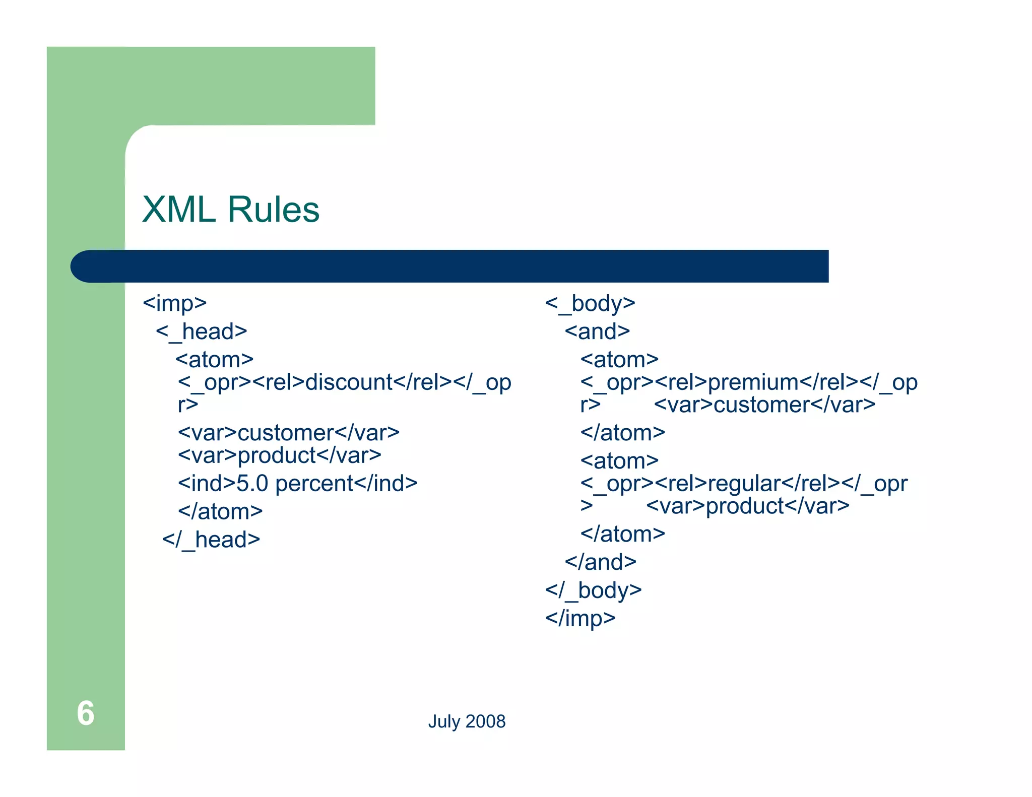 XML Rules

    <imp>                                <_body>
     <_head>                               <and>
       <atom>                               <atom>
       <_opr><rel>discount</rel></_op       <_opr><rel>premium</rel></_op
       r>                                   r>     <var>customer</var>
       <var>customer</var>                  </atom>
       <var>product</var>
               d t /                        <atom>
       <ind>5.0 percent</ind>               <_opr><rel>regular</rel></_opr
       </atom>                              >     <var>product</var>
      </_head>                              </atom>
                                           </and>
                                         </_body>
                                         </imp>



6                            July 2008
 