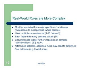 Real-World Rules are More Complex

        Must be inspected from most specific circumstances
         (exceptions) to most general (whole classes)
        Have multiple circumstances (3-10 “factors”)
        Each factor has many possible values (5+)
        Circumstances trigger further inspection of complex
         Ci       t      ti     f th i         ti   f     l
         “considerations” (e.g. QOH)
        After being selected, additional rules may need to determine
         final outcome (e.g. lowest price)




10                             July 2008
 