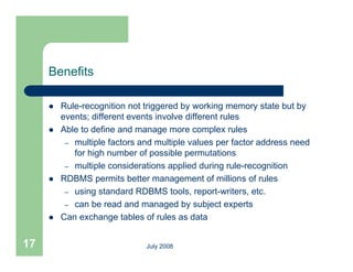 Benefits

        Rule-recognition not triggered by working memory state but by
         events; different events involve different rules
        Able to define and manage more complex rules
          – multiple factors and multiple values per factor address need
            for high number of possible permutations
          – multiple considerations applied during rule-recognition
        RDBMS permits better management of millions of rules
          – using standard RDBMS tools, report-writers, etc.
          – can be read and managed by subject experts
        Can exchange tables of rules as data
                      g


17                            July 2008
 