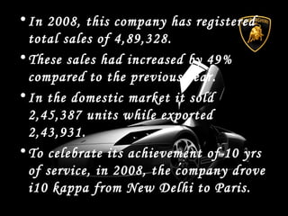 •In 2008, this company has registered
total sales of 4,89,328.
•These sales had increased by 49%
compared to the previous year.
•In the domestic market it sold
2,45,387 units while exported
2,43,931.
•To celebrate its achievement of 10 yrs
of service, in 2008, the company drove
i10 kappa from New Delhi to Paris.
 