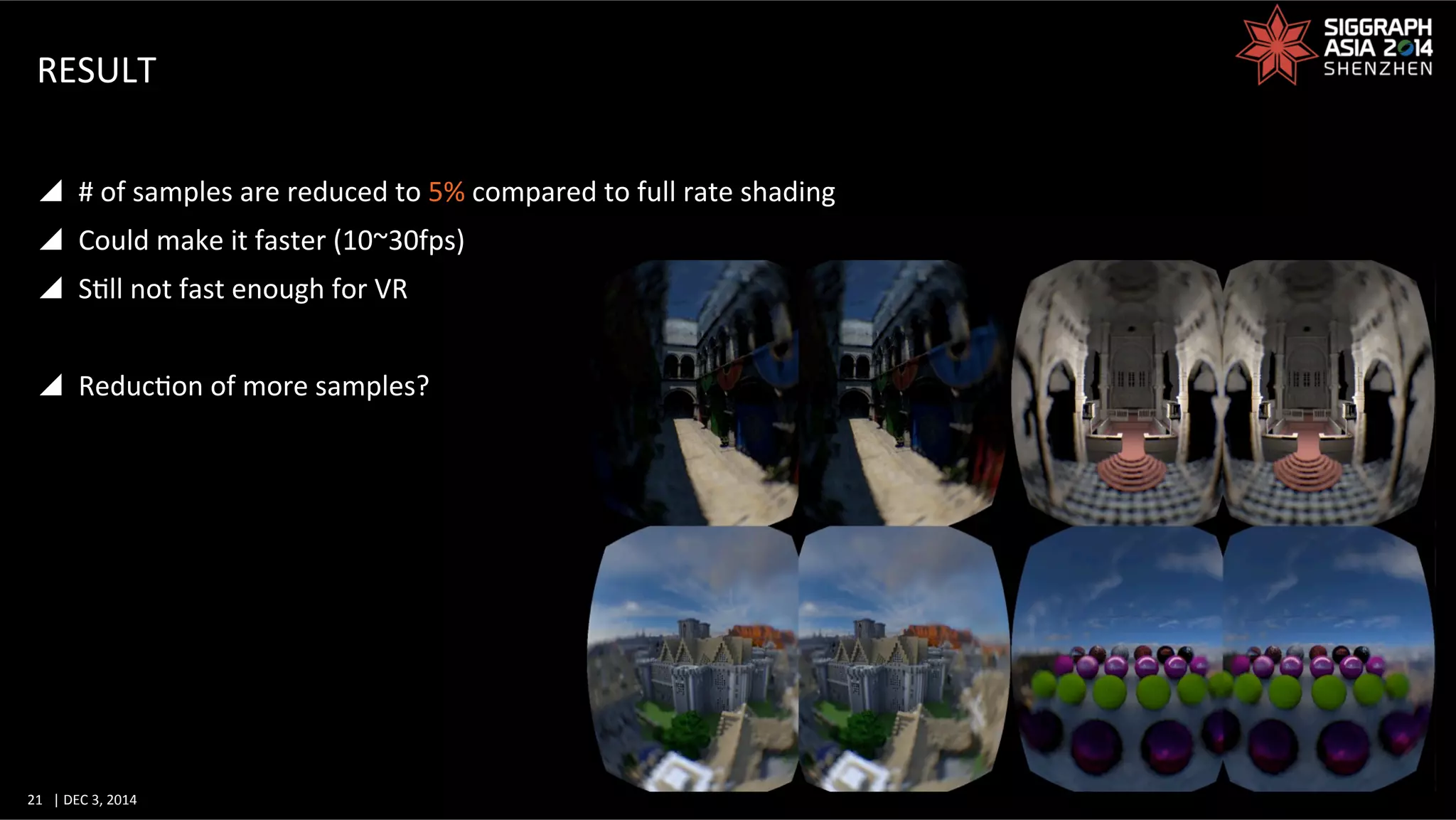 21	
   |	
  DEC	
  3,	
  2014	
  	
  	
  	
  
RESULT	
  
y  #	
  of	
  samples	
  are	
  reduced	
  to	
  5%	
  compared	
  to	
  full	
  rate	
  shading	
  
y  Could	
  make	
  it	
  faster	
  (10~30fps)	
  
y  SGll	
  not	
  fast	
  enough	
  for	
  VR	
  
y  ReducGon	
  of	
  more	
  samples?	
  
 