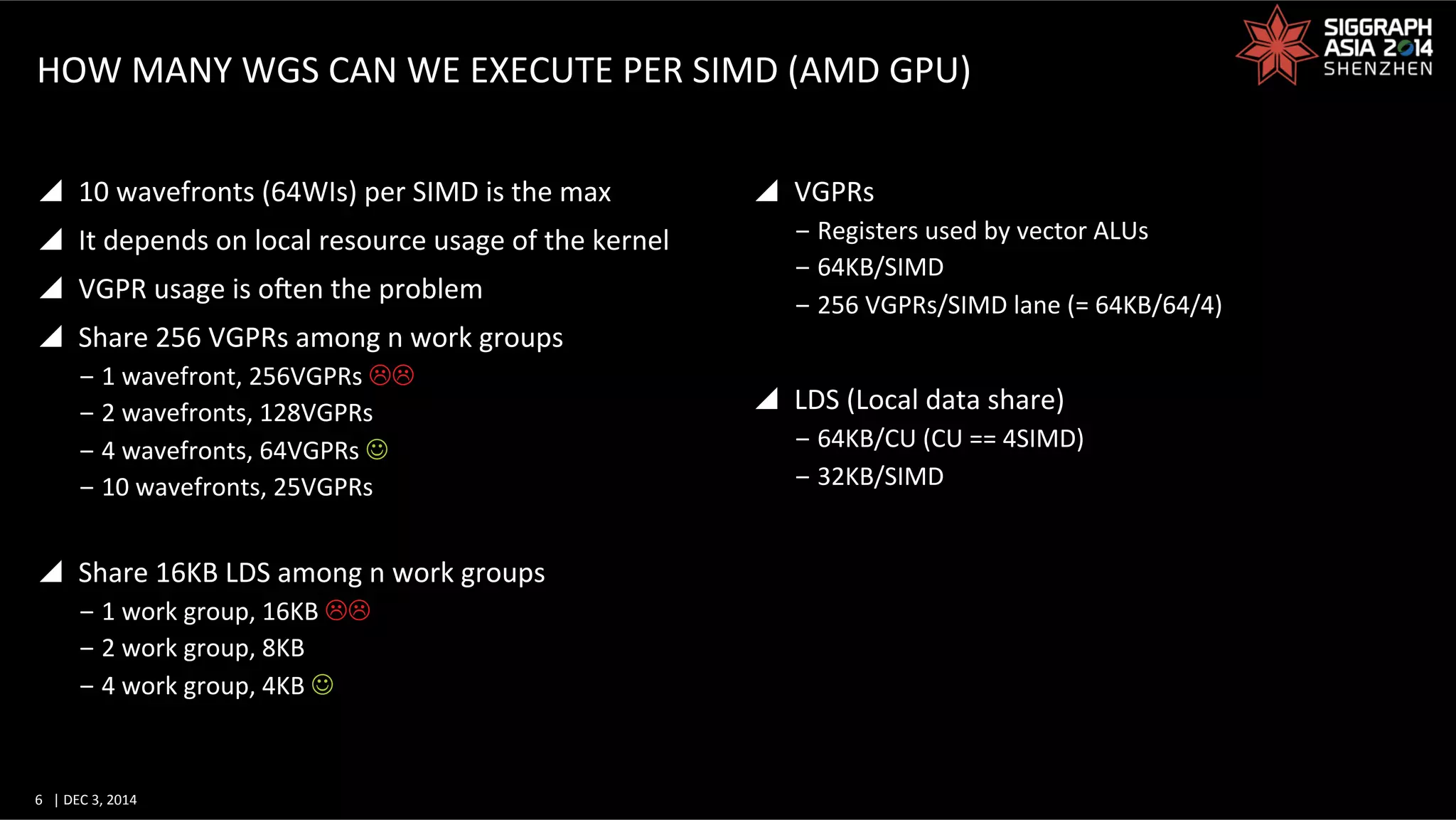 6	
   |	
  DEC	
  3,	
  2014	
  	
  	
  	
  
HOW	
  MANY	
  WGS	
  CAN	
  WE	
  EXECUTE	
  PER	
  SIMD	
  (AMD	
  GPU)	
  
y  10	
  wavefronts	
  (64WIs)	
  per	
  SIMD	
  is	
  the	
  max	
  
y  It	
  depends	
  on	
  local	
  resource	
  usage	
  of	
  the	
  kernel	
  
y  VGPR	
  usage	
  is	
  ofen	
  the	
  problem	
  
y  Share	
  256	
  VGPRs	
  among	
  n	
  work	
  groups	
  
‒ 1	
  wavefront,	
  256VGPRs	
  LL	
  
‒ 2	
  wavefronts,	
  128VGPRs	
  
‒ 4	
  wavefronts,	
  64VGPRs	
  J	
  
‒ 10	
  wavefronts,	
  25VGPRs	
  
y  Share	
  16KB	
  LDS	
  among	
  n	
  work	
  groups	
  
‒ 1	
  work	
  group,	
  16KB	
  LL	
  
‒ 2	
  work	
  group,	
  8KB	
  
‒ 4	
  work	
  group,	
  4KB	
  J	
  
y  VGPRs	
  
‒ Registers	
  used	
  by	
  vector	
  ALUs	
  
‒ 64KB/SIMD	
  
‒ 256	
  VGPRs/SIMD	
  lane	
  (=	
  64KB/64/4)	
  
y  LDS	
  (Local	
  data	
  share)	
  
‒ 64KB/CU	
  (CU	
  ==	
  4SIMD)	
  
‒ 32KB/SIMD	
  
 
