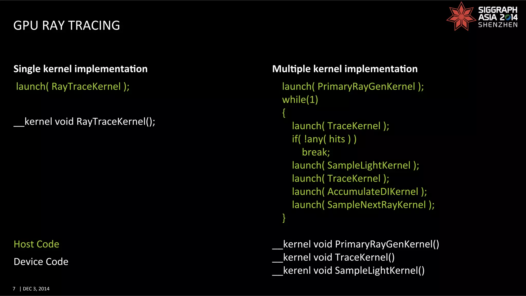7	
   |	
  DEC	
  3,	
  2014	
  	
  	
  	
  
GPU	
  RAY	
  TRACING	
  
	
  launch(	
  RayTraceKernel	
  );	
  
	
  
__kernel	
  void	
  RayTraceKernel();	
  
	
  
	
  
	
  
	
  
	
  
	
  
Host	
  Code	
  
Device	
  Code	
  
	
  	
  	
  	
  launch(	
  PrimaryRayGenKernel	
  );	
  
	
  	
  	
  	
  while(1)	
  
	
  	
  	
  	
  {	
  
	
  	
  	
  	
  	
  	
  	
  	
  launch(	
  TraceKernel	
  );	
  
	
  	
  	
  	
  	
  	
  	
  	
  if(	
  !any(	
  hits	
  )	
  )	
  
	
  	
  	
  	
  	
  	
  	
  	
  	
  	
  	
  	
  break;	
  
	
  	
  	
  	
  	
  	
  	
  	
  launch(	
  SampleLightKernel	
  );	
  
	
  	
  	
  	
  	
  	
  	
  	
  launch(	
  TraceKernel	
  );	
  
	
  	
  	
  	
  	
  	
  	
  	
  launch(	
  AccumulateDIKernel	
  );	
  
	
  	
  	
  	
  	
  	
  	
  	
  launch(	
  SampleNextRayKernel	
  );	
  
	
  	
  	
  	
  }	
  
	
  
__kernel	
  void	
  PrimaryRayGenKernel()	
  
__kernel	
  void	
  TraceKernel()	
  
__kerenl	
  void	
  SampleLightKernel()	
  
	
  
Single	
  kernel	
  implementa?on	
   Mul?ple	
  kernel	
  implementa?on	
  
 