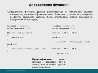 http://www.slideshare.net/IgorShkulipa 3
Определение функции
Определение функции должно располагаться в глобальной области
видимости, до начала функции main. Функции, которые используются
в других функциях должны быть определены перед функциями,
которые их используют.
#include <iostream>
using namespace std;
int sum (int a, int b)
{
return a+b;
}
void main()
{
cout<<“1+1=”<<sum(1,1)<<“n”;
}
#include <iostream>
using namespace std;
int sum (int a, int b)
void main()
{
cout<<“1+1=”<<sum(1,1)<<“n”;
}
int sum (int a, int b)
{
return a+b;
}
Идентификатор (имя)
функции задаётся точно
также, как и любой другой
идентификатор.
 
