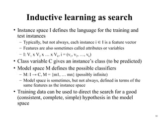 10
Inductive learning as search
• Instance space I defines the language for the training and
test instances
– Typically, but not always, each instance i  I is a feature vector
– Features are also sometimes called attributes or variables
– I: V1 x V2 x … x Vk, i = (v1, v2, …, vk)
• Class variable C gives an instance’s class (to be predicted)
• Model space M defines the possible classifiers
– M: I → C, M = {m1, … mn} (possibly infinite)
– Model space is sometimes, but not always, defined in terms of the
same features as the instance space
• Training data can be used to direct the search for a good
(consistent, complete, simple) hypothesis in the model
space
 