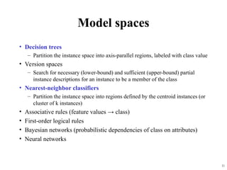 11
Model spaces
• Decision trees
– Partition the instance space into axis-parallel regions, labeled with class value
• Version spaces
– Search for necessary (lower-bound) and sufficient (upper-bound) partial
instance descriptions for an instance to be a member of the class
• Nearest-neighbor classifiers
– Partition the instance space into regions defined by the centroid instances (or
cluster of k instances)
• Associative rules (feature values → class)
• First-order logical rules
• Bayesian networks (probabilistic dependencies of class on attributes)
• Neural networks
 