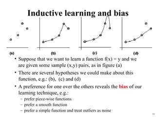 15
Inductive learning and bias
• Suppose that we want to learn a function f(x) = y and we
are given some sample (x,y) pairs, as in figure (a)
• There are several hypotheses we could make about this
function, e.g.: (b), (c) and (d)
• A preference for one over the others reveals the bias of our
learning technique, e.g.:
– prefer piece-wise functions
– prefer a smooth function
– prefer a simple function and treat outliers as noise
 