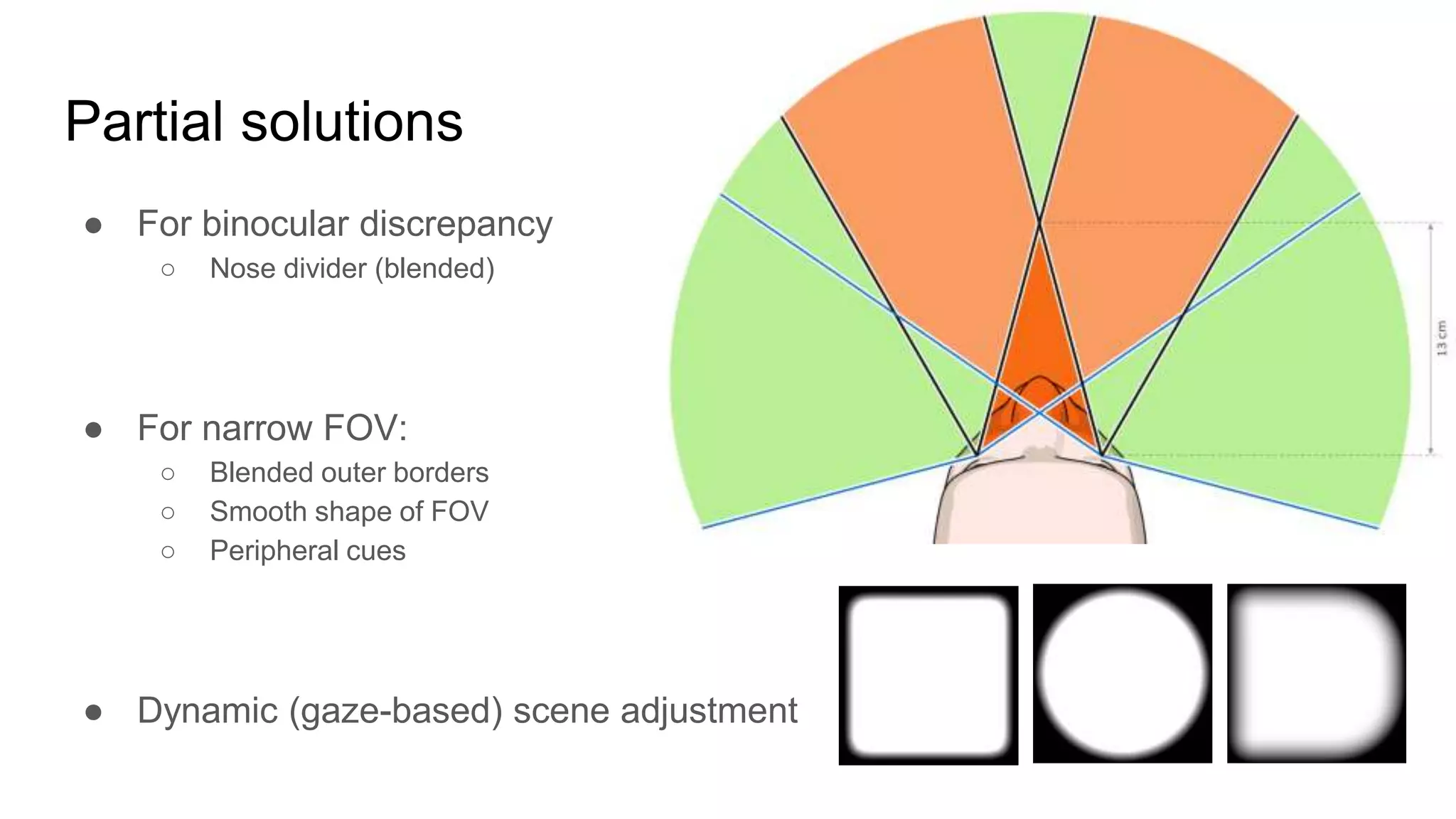 Partial solutions
● For binocular discrepancy
○ Nose divider (blended)
● For narrow FOV:
○ Blended outer borders
○ Smooth shape of FOV
○ Peripheral cues
● Dynamic (gaze-based) scene adjustment
 