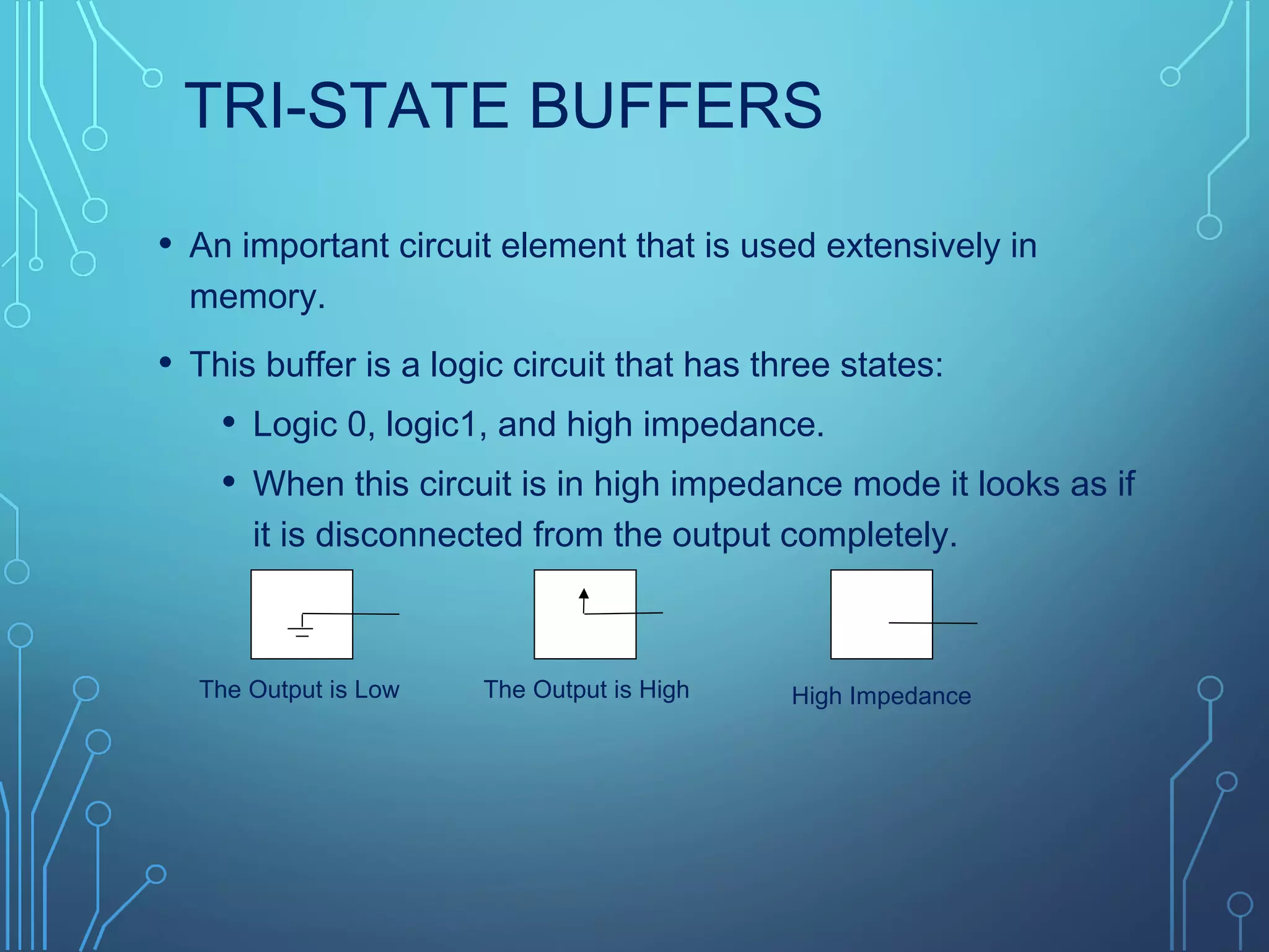 TRI-STATE BUFFERS
• An important circuit element that is used extensively in
memory.
• This buffer is a logic circuit that has three states:
• Logic 0, logic1, and high impedance.
• When this circuit is in high impedance mode it looks as if
it is disconnected from the output completely.
The Output is Low The Output is High High Impedance
 