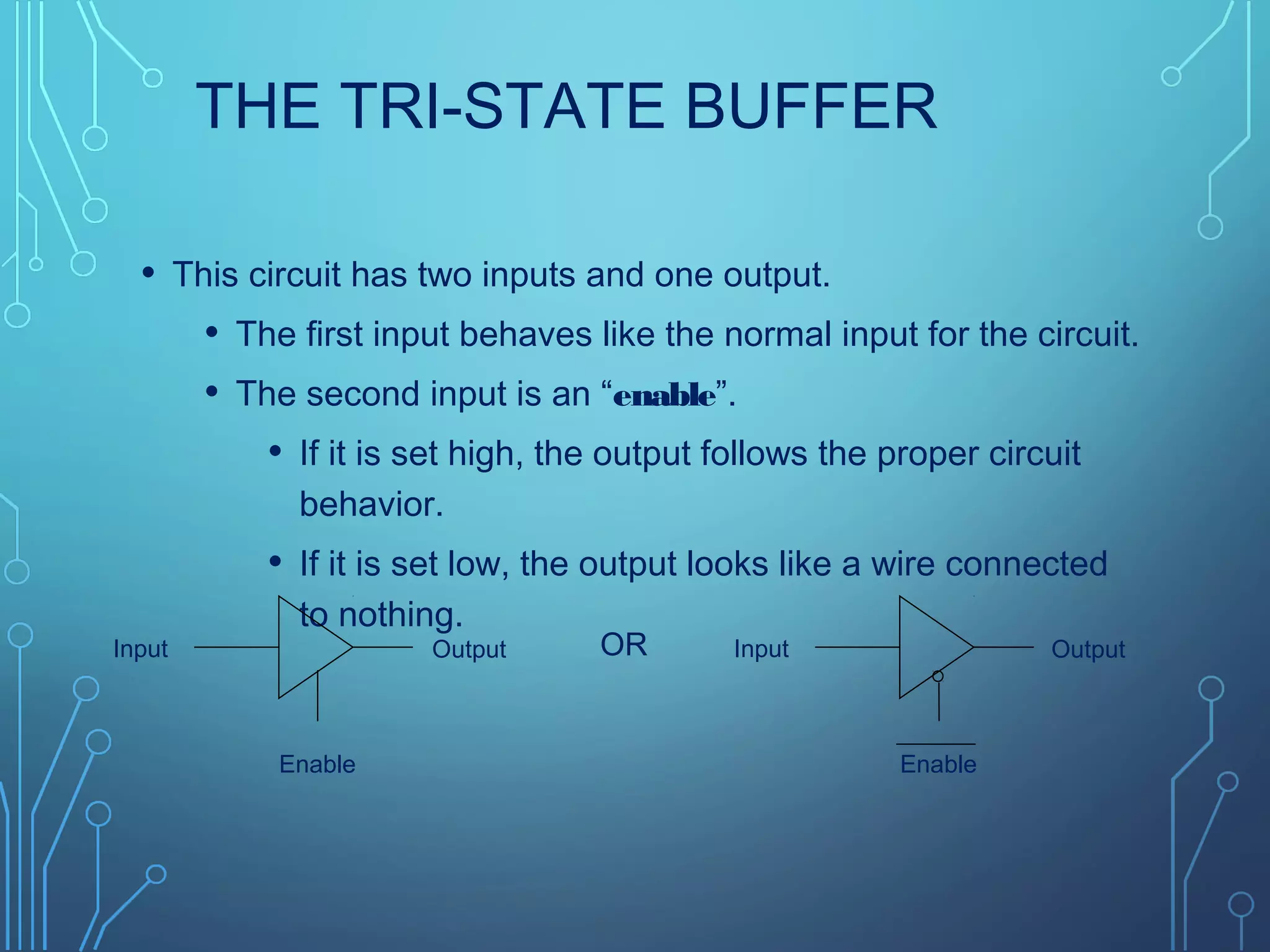 THE TRI-STATE BUFFER
• This circuit has two inputs and one output.
• The first input behaves like the normal input for the circuit.
• The second input is an “enable”.
• If it is set high, the output follows the proper circuit
behavior.
• If it is set low, the output looks like a wire connected
to nothing.
Input Output
Enable
Input Output
Enable
OR
 
