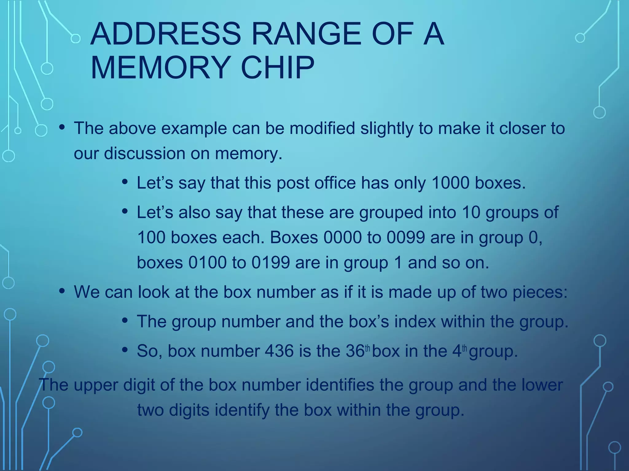 ADDRESS RANGE OF A
MEMORY CHIP
• The above example can be modified slightly to make it closer to
our discussion on memory.
• Let’s say that this post office has only 1000 boxes.
• Let’s also say that these are grouped into 10 groups of
100 boxes each. Boxes 0000 to 0099 are in group 0,
boxes 0100 to 0199 are in group 1 and so on.
• We can look at the box number as if it is made up of two pieces:
• The group number and the box’s index within the group.
• So, box number 436 is the 36th
box in the 4th
group.
The upper digit of the box number identifies the group and the lower
two digits identify the box within the group.
 