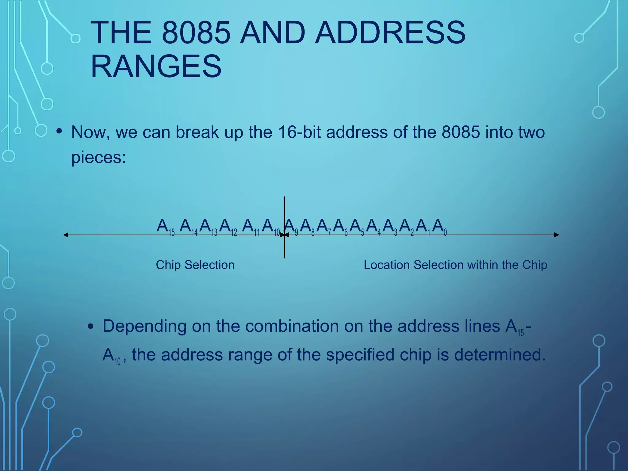 THE 8085 AND ADDRESS
RANGES
• Now, we can break up the 16-bit address of the 8085 into two
pieces:
A15 A14 A13 A12 A11 A10 A9 A8 A7 A6 A5 A4 A3 A2 A1 A0
• Depending on the combination on the address lines A15 -
A10 , the address range of the specified chip is determined.
Location Selection within the ChipChip Selection
 