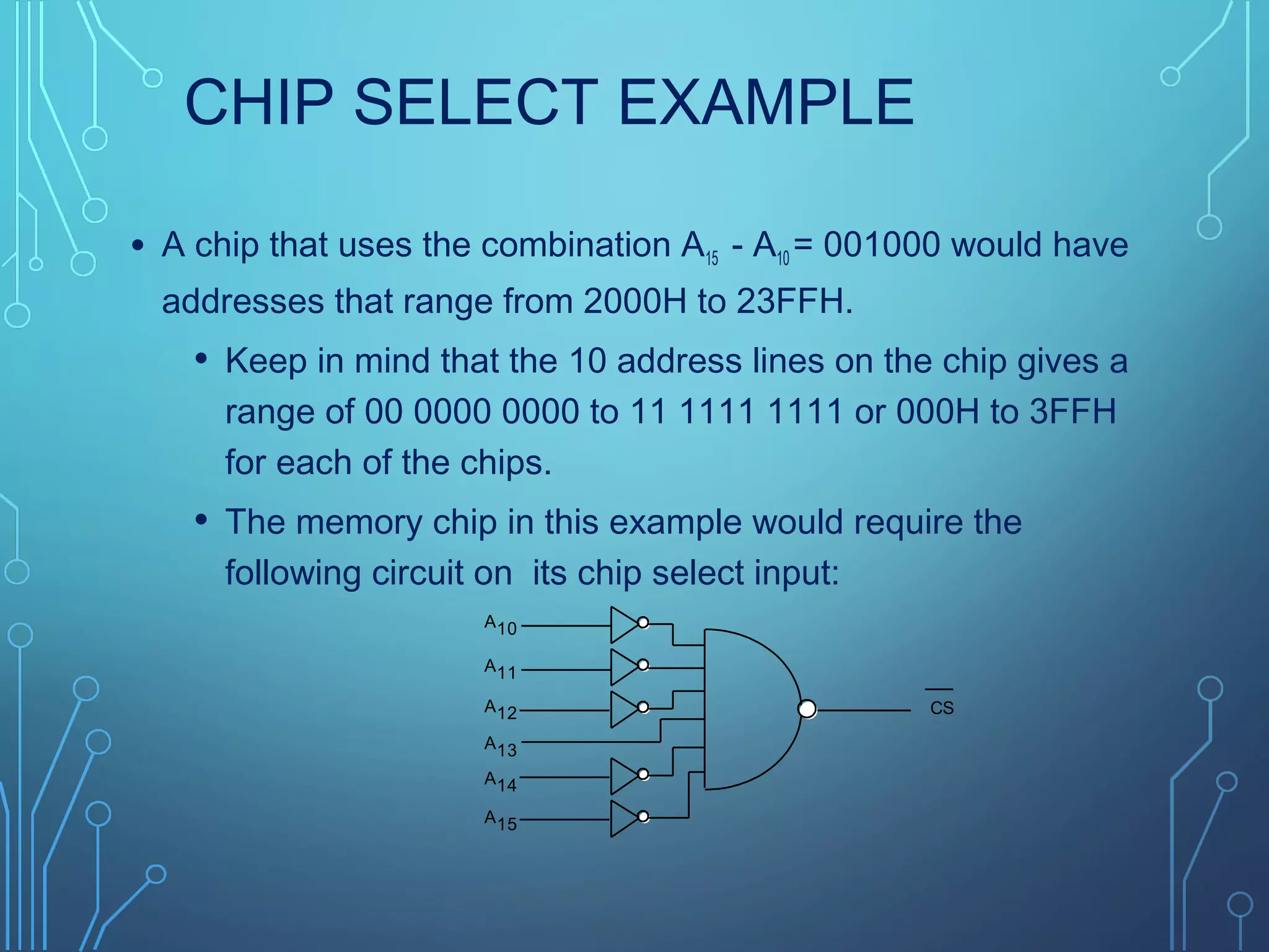 CHIP SELECT EXAMPLE
• A chip that uses the combination A15 - A10 = 001000 would have
addresses that range from 2000H to 23FFH.
• Keep in mind that the 10 address lines on the chip gives a
range of 00 0000 0000 to 11 1111 1111 or 000H to 3FFH
for each of the chips.
• The memory chip in this example would require the
following circuit on its chip select input:
CS
A10
A11
A12
A13
A14
A15
 