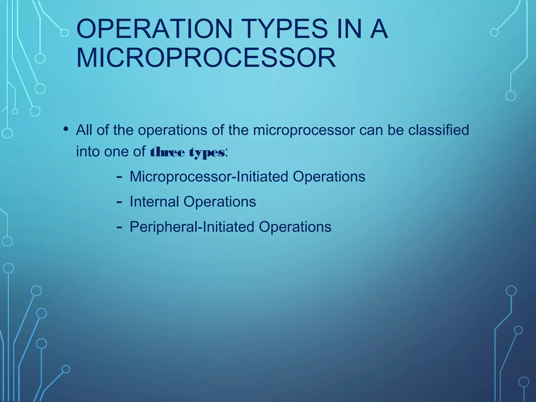 OPERATION TYPES IN A
MICROPROCESSOR
• All of the operations of the microprocessor can be classified
into one of three types:
- Microprocessor-Initiated Operations
- Internal Operations
- Peripheral-Initiated Operations
 