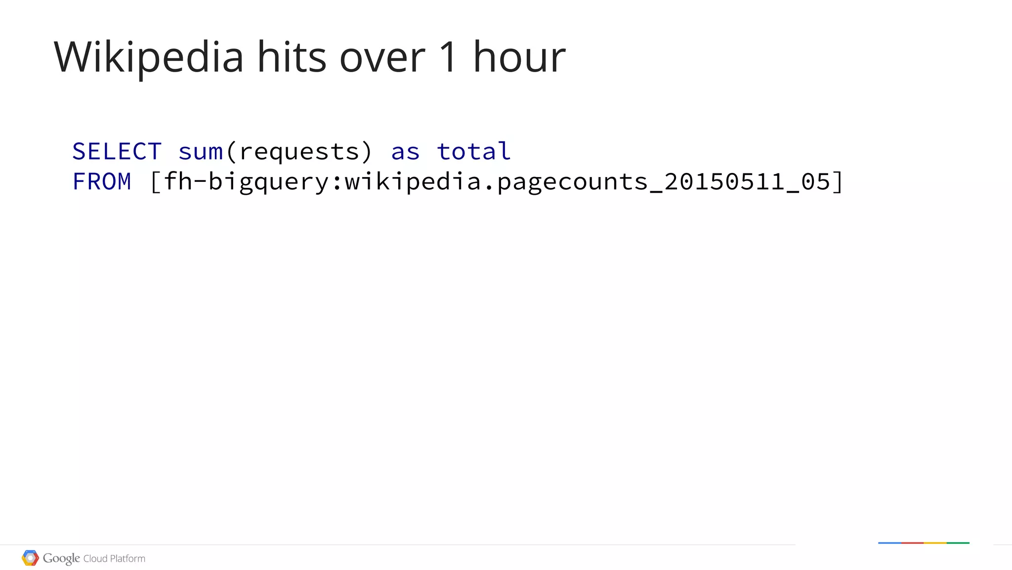 SELECT sum(requests) as total
FROM [fh-bigquery:wikipedia.pagecounts_20150511_05]
Wikipedia hits over 1 hour
 