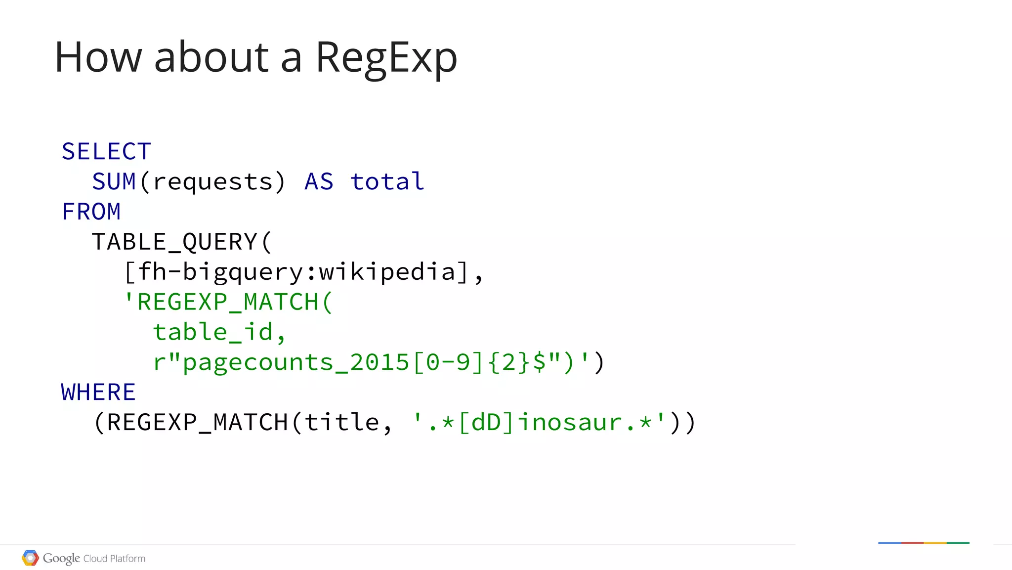 How about a RegExp
SELECT
SUM(requests) AS total
FROM
TABLE_QUERY(
[fh-bigquery:wikipedia],
'REGEXP_MATCH(
table_id,
r"pagecounts_2015[0-9]{2}$")')
WHERE
(REGEXP_MATCH(title, '.*[dD]inosaur.*'))
 