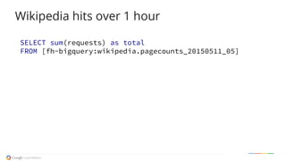 SELECT sum(requests) as total
FROM [fh-bigquery:wikipedia.pagecounts_20150511_05]
Wikipedia hits over 1 hour
 