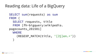 Reading data: Life of a BigQuery
SELECT sum(requests) as sum
FROM (
SELECT requests, title
FROM [fh-bigquery:wikipedia.
pagecounts_201501]
WHERE
(REGEXP_MATCH(title, '[Jj]en.+'))
)
 