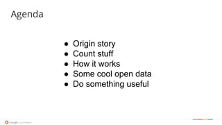 Agenda
● Origin story
● Count stuff
● How it works
● Some cool open data
● Do something useful
 