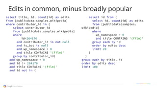 Edits in common, minus broadly popular
select title, id, count(id) as edits
from [publicdata:samples.wikipedia]
where contributor_id in (
select contributor_id
from [publicdata:samples.wikipedia]
where
id=264176
and contributor_id is not null
and is_bot is null
and wp_namespace = 0
and title CONTAINS '(film)'
group by contributor_id)
and wp_namespace = 0
and id != 264176
and title CONTAINS '(film)'
and id not in (
select id from (
select id, count(id) as edits
from [publicdata:samples.
wikipedia]
where
wp_namespace = 0
and title CONTAINS '(film)'
group each by id
order by edits desc
limit 20
)
)
group each by title, id
order by edits desc
limit 100
 