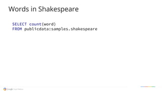 SELECT count(word)
FROM publicdata:samples.shakespeare
Words in Shakespeare
 