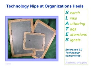 Slates S   earch L  inks A   uthoring T  ags E  xtensions S  ignals Enterprise 2.0 Technology components ~  Andrew McAfee, Technology Nips at Organizations   Heels 