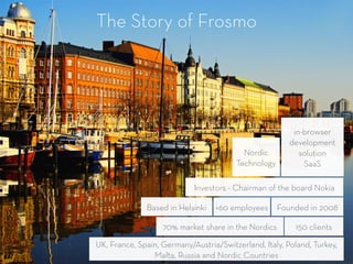The Story of Frosmo
50
Nordic
Technology
+60 employees Founded in 2008
150 clients
Investors - Chairman of the board Nokia
70% market share in the Nordics
Based in Helsinki
UK, France, Spain, Germany/Austria/Switzerland, Italy, Poland, Turkey,
Malta, Russia and Nordic Countries
in-browser
development
solution
SaaS
 