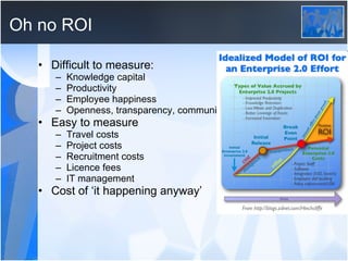 Oh no ROI Difficult to measure: Knowledge capital Productivity Employee happiness Openness, transparency, communication Easy to measure Travel costs Project costs Recruitment costs Licence fees IT management Cost of ‘it happening anyway’ 
