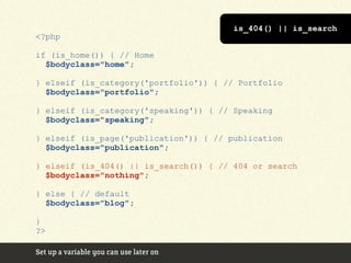 is_404() || is_search
<?php

if (is_home()) { // Home
  $bodyclass="home";

} elseif (is_category('portfolio')) { // Portfolio
  $bodyclass="portfolio";

} elseif (is_category('speaking')) { // Speaking
  $bodyclass="speaking";

} elseif (is_page('publication')) { // publication
  $bodyclass="publication";

} elseif (is_404() || is_search()) { // 404 or search
  $bodyclass="nothing";

} else { // default
  $bodyclass="blog";

}
?>

Set up a variable you can use later on
 
