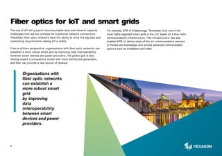 The rise of IoT will present insurmountable data and network capacity
challenges that are too complex for traditional network connections.
Thankfully, fiber optic networks have the ability to drive the big data and
networking requirements making IoT a reality.
From a utilities perspective, organizations with fiber optic networks can
establish a more robust smart grid by improving data interoperability
between smart devices and power providers. The power grid is also
moving toward a competitive model with more distributed generation,
and fiber can provide a new source of revenue.
Fiber optics for IoT and smart grids
For example, EPB of Chattanooga, Tennessee, built one of the
most highly regarded smart grids in the U.S. based on a fiber optic
communications infrastructure. This infrastructure has also
enabled EPB to deliver state-of-the-art communications services
to homes and businesses and provide advanced communication
options such as broadband and video.
Organizations with
fiber optic networks
can establish a
more robust smart
grid
by improving
data
interoperability
between smart
devices and power
providers.
7
 