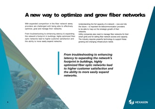 With expanded competition in the fiber network arena,
providers are challenged with being able to effectively
optimize, grow and manage their networks.
From troubleshooting to enhancing latency to expanding
the network’s footprint in buildings, highly optimized fiber
optic networks lead to higher customer satisfaction and
the ability to more easily expand networks.
A new way to optimize and grow fiber networks
From troubleshooting to enhancing
latency to expanding the network’s
footprint in buildings, highly
optimized fiber optic networks lead
to higher customer satisfaction and
the ability to more easily expand
networks.
Understanding the full capacity of a network – now and into
the future – is important for telecommunication providers
to be able to map out the strategic growth of their
networks.
Utility companies also need to manage fiber networks for their
smart grids and for selling fiber network access and capacity.
The industry requires powerful technology to support these
growing and changing infrastructure needs.
9
 