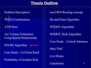 Thesis Outline Problem Description Thesis Contributions ATIS Data Arc Volume Estimation Using Spatial Relationship EM-BS Algorithm Case Study - Col-Glen Road Probability of Incident Risk non-FIFO Routing concept Hu and Chan Algorithm WSDOT Algorithm WSDOT_Risk Algorithm Case Study – Central Arkansas Mini TMC Live Demo Conclusion 