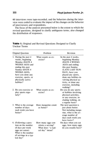 222 Floyd Jackson Fowler, Jr.
60 interviews were tape-recorded, and the behaviors during the inter-
view were coded to evaluate the impact of the changes on the behavior
of interviewers and respondents.
The focus of the analysis presented below is the extent to which the
revised questions, designed to clarify ambiguous terms, also changed
the distribution of responses.
Table 1. Original and Revised Questions Designed to Clarify
Unclear Terms
Original Question Problem Revision
1. During the past 4 What counts as ex- In the past 4 weeks,
weeks, beginning ercise? beginning Monday
Monday (DATE 4 (DATE 4 WEEKS
WEEKS AGO) and AGO) and ending
ending this past this past Sunday
Sunday (DATE 4 (LATE LAST SUN-
WEEKS AGO), DAY), have you
have you done any played any sports,
exercise, sports, or done any hobbies in-
physically active volving physical ac-
hobbies? tivity, or done any
exercise, including
walking?
2. Do you exercise or What counts as ex- Do you do any sports
play sports regu- ercise? or hobbies involving
larly? physical activities,
or any exercise, in-
cluding walking, on
a regular basis?
3. What is the average Does margarine count The next question is
number of days as butter? just about butter.
each week you have Not including marga-
butter? rine, what is the av-
erage number of
days each week you
have butter?
4. (Following a ques- How many eggs con- On days when you eat
tion on the number stitute a serving? eggs, how many eggs
of days per week What does "a typi- do you usually have?
eggs are eaten): cal day" mean?
What is the number
of servings in a typ-
ical day?
 