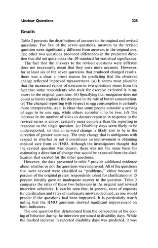 Unclear Questions 225
Results
Table2 presentsthe distributionsof answersto theoriginalandrevised
questions. For five of the seven questions, answers to the revised
questionwere significantlydifferentfromanswersto the originalone.
The other two questionsproduceddifferencesin the predicteddirec-
tionthatdidnot quitemakethe .05standardfor statisticalsignificance.
The fact that the answers to the revised questions were different
does not necessarily mean that they were more accurate. However,
for at least six of the seven questionsthatproducedchangedresults,
there was a clear a priori reason for predictingthat the observed
changereflectedimprovedmeasurement.(a) It seems most plausible
thatthe increasedreportof exercise in two questionsstems fromthe
fact that some respondentswho walk for exercise excluded it in an-
swersto the originalquestions.(b) Specifyingthatmargarinedoes not
countas butterexplainsthedecreaseintherateof butterconsumption.
(c) The changedreportingwithrespectto eggconsumptionis certainly
more interpretable,as it is clear that some people considera serving
of eggs to be one egg, while others consider it to be two. (d) The
increasein the numberof visits to doctorsreportedin responseto the
revised series is almost certainlymorecompletethanthe reportingin
response to the single question. (e) Disabilitydays seem likely to be
underreported,so that an upwardchange is likely also to be in the
directionof greateraccuracy.The only changethatis ambiguouswith
respect to whether or not it constitutes an improvementis obtaining
medicalcare from an HMO. Althoughthe investigatorsthoughtthat
the revised question was clearer, there was not the same basis for
estimatinga directionof changethatwouldbe expectedfromthe clari-
ficationthat existed for the otherquestions.
However, the datapresentedin table3 provideadditionalevidence
aboutwhetherornotthe questionswereimproved.Allof thequestions
that were revised were classified as "problems," either because 15
percentof the originalpretestrespondentsaskedfor clarificationor 15
percent initiallygave an inadequateanswer to the question. Table 3
comparesthe rates of these two behaviorsin the originalandrevised
interviewschedules. It can be seen that, in general,rates of requests
forclarificationandratesof inadequateanswersdeclined,as one would
predict if the questions had been improved.It is particularlyworth
noting that the HMO questions showed significantimprovementon
both indicators.
The one questionthatdeterioratedfromthe perspectiveof the cod-
ingof behaviorduringthe interviewpertainedto disabilitydays. While
the markedincrease in reporteddisabilitydays was predicted,it was
 