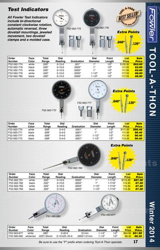 Total
Range
.030"
.030"
.030"
.030"
.030"

LLER!

F52-562-778

F52-562-775

LER

HIGH

Graduation
.001"
.0005"
.0005"
.0005"
.0005"

Dial	
Diameter	
1"	
1"	
1"	
1-1/2"	
1-1/2"	

ON

ISI

PR

Extra Points
.040"

Dial
Reading
0-15-0
0-15-0
0-15-0
0-15-0
0-15-0

EC

W

FO

Face
Color
white
black
white
white
black

-T H O N

BEST SE

All Fowler Test Indicators
include bi-directional
constant clockwise rotation,
automatic reversal, three
dovetail mountings, jeweled
movement, two dovetail
clamps and a molded case.

Order
Number
F52-562-774
F52-562-778
F52-562-775
F52-562-776
F52-562-780

L-A

T OO

Test Indicators

Point
Length
1/2"
1/2"
1/2"
1/2"
1/2"

.120"

List
Price
$105.30
111.95
111.95
117.05
117.05

Sale
Price
$62.80
62.80
62.80
68.80
68.80

Extra Points
.040"

F52-563-777

.120"

F52-563-772

Order
Number
F52-563-770
F52-563-771
F52-563-777
F52-563-772

Face
Color
white
black
white
black

Total
Range
.008"
.008"
.008"
.008"

Dial
Reading
0-4-0
0-4-0
0-4-0
0-4-0

Graduation
.0001"
.0001"
.0001"
.0001"

Dial	
Diameter	
1"	
1"	
1-1/2"	
1-1/2"	

Point
Length
1/2"
1/2"
1/2"
1/2"

List
Price
$111.95
111.95
111.95
115.30

Sale
Price
$90.40
90.40
90.40
90.40

Extra Points

.040"

.120"

F52-562-784
Order
Number
F52-562-781
F52-562-782
F52-562-783
F52-562-784

Face
Color
white
black
white
black

Total
Range
.020"
.020"
.020"
.020"

Dial
Reading
0-10-0
0-10-0
0-10-0
0-10-0

Graduation
.0005"
.0005"
.0005"
.0005"

Dial	
Diameter	
1"	
1"	
1-1/2"	
1-1/2"	

Face
Color
white
white/red

Total
Range
.080"
.020"/.05mm

Dial
Reading
0-40-0
0-10-0/0-.25-0

List
Price
$115.30
115.30
115.30
115.30

Sale
Price
$87.20
87.20
87.20
87.20

F52-563-677

F52-560-060

Order
Number
F52-563-677
F52-560-060

Point
Length
1-7/16"
1-7/16"
1-7/16"
1-7/16"

Graduation
.01mm
.0005"/.01mm

Dial	
Diameter	
1-1/4"	
1-1/2"	

Point
Length
1/2"
1/2"

Be sure to use the "F" prefix when ordering Tool-A-Thon specials.

List
Sale
Price
Price
$64.90 $51.90
88.40 66.30

17

 