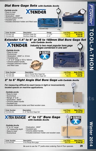 Dial Bore Gage Sets

with Carbide Anvils

Carbide anvils

• Easy-to-read
• Economical
• Graduation: .0005"
• Chrome plated handle
• Insulated grip
• Includes extension holder and fitted case.

(F52-646-100)
(F52-646-300)

Order Number
F52-646-100
F52-646-300

Description
Dial Bore Gage Set
Dial Bore Gage Set

Range
.7—1.5"
2—6"

List Price
$139.10
114.95

Sale Price
$103.20
103.20

Extender 1.4" to 6" or 35 to 160mm Dial Bore Gage Set
	

with Carbide Anvils

Industry's two most popular bore gage
ranges combined in one set!

• Easy-to-read
• Economical
• Graduation: .0005" or .01mm
• Insulated grip
• 1.4" to 6" range or 35 to 160mm
-T H
• Chrome plated handle.
L-A ON
• Includes extension holder
  and fitted case.
FO

W

LER

HIGH

ON

EC

T OO

LLER!

BEST SE

ISI

Carbide Anvils

PR

Order Number
Description
F52-646-400  Inch X-Tender Bore Gage Set
F52-646-220  Metric X-Tender Bore Gage Set

List Price
$174.80
193.15

Sale Price
$124.60
135.20

2" to 6" Right Angle Dial Bore Gage with Carbide Anvils
For measuring difficult-to-reach bores in tight or inconveniently
located spaces on machine applications.
Carbide anvils

• Easy-to-read
• Economical
• Range: 2" to 6"
• Graduation: .0005"
• Chrome plated handle
• Insulated grip
• Includes extension holder and fitted wooden case.
Order Number
F52-646-250

Description
2—6" Dial Bore Gage Set

List Price
$258.75

Sale Price
$145.92

List Price
$207.20

Sale Price
$190.50

4" to 12" Bore Gage
with Carbide Anvils
Carbide Anvils

• 4" to 12" range
• 10" measuring depth
• Easy-to-read
• Economical

Order Number
F52-646-600

• Graduation: .0005"
• Insulated grip
• Chrome plated handle.
• Includes extension holder and wooden case.

Description
X-tra Range Bore gage

Be sure to use the "F" prefix when ordering Tool-A-Thon specials.

29

 