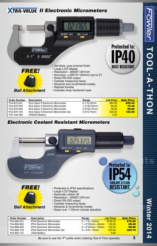 II Electronic Micrometers

FREE!
Ball Attachment
Order Number
F54-870-001
F54-870-002
F54-870-003
F54-870-103
F54-100-350

• Jet black, grey enamel finish
• Large LCD display.
• Resolution: .00005"/.001mm
• Accuracy: ±.00016"/.004mm (up to 2")
• Direct RS-232 output
• Carbide measuring faces.
• Absolute and incremental modes
• Ratchet thimble
• Includes shop hardened case

Description	
Xtra-Value II Electronic Micrometer	
Xtra-Value II Electronic Micrometer	
Xtra-Value II Electronic Micrometer	
Xtra-Value II Electronic Micrometer Set	
CR2032 Battery	

Range	
0-1"/0-25mm	
1-2"/25-50mm	
2-3"/50-75mm	
0-3"/0-75mm	
	

List Price
$84.00
85.00
99.95
300.00
5.50

Sale Price
$59.50
75.40
89.80
183.96

Electronic Coolant Resistant Micrometers

FREE!
Ball Attachment
Order Number
F54-860-001
F54-860-002
F54-860-003
F54-860-103
F54-902-110

• Protected to IP54 specifications
• Large LCD Display
• Automatic switch off
• Resolution: .00005"/.001mm
• Direct RS-232 output
• Carbide measuring faces
• Absolute & incremental modes
• Sizes over 1"/25mm include standard

Description
IP54 Electronic Micrometer
IP54 Electronic Micrometer
IP54 Electronic Micrometer
IP54 Electronic Micrometer Set
LR44 Battery

Range	
List Price
0—1"/0—25mm	
$106.40
1—2"/25mm—50mm	 123.20
2—3"/50mm—75mm	 134.40
0—3"/0—75mm	
370.65
	
6.60

Be sure to use the "F" prefix when ordering Tool-A-Thon specials.

Sale Price
$79.20
89.20
99.80
259.70

3

 