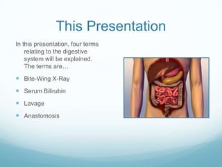 This Presentation
In this presentation, four terms
    relating to the digestive
    system will be explained.
    The terms are…
 Bite-Wing X-Ray
 Serum Bilirubin
 Lavage
 Anastomosis
 