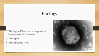 Etiology
• The large dsDNA virus an avipoxvirus
belongs to family Poxviridae.
• Enveloped.
• Bricked shaped virus.
 