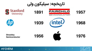 ‫وﻟﯽ‬ ‫ﺳﯿﻠﯿﮑﻮن‬ :‫ﺗﺎرﯾﺨﭽﻪ‬
1891
1939
1956Shockley
Semiconductor
1957
1968
1976
 