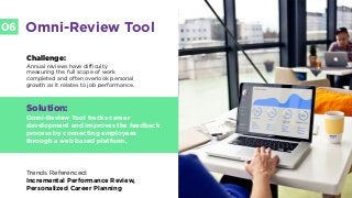 LABS
@PSFK
#FutureofWork
LABS
06 Omni-Review Tool
Challenge:
Annual reviews have difficulty
measuring the full scope of work
completed and often overlook personal
growth as it relates to job performance.
Solution:
Omni-Review Tool tracks career
development and improves the feedback
process by connecting employees
through a web based platform.
Trends Referenced:
Incremental Performance Review,
Personalized Career Planning
 